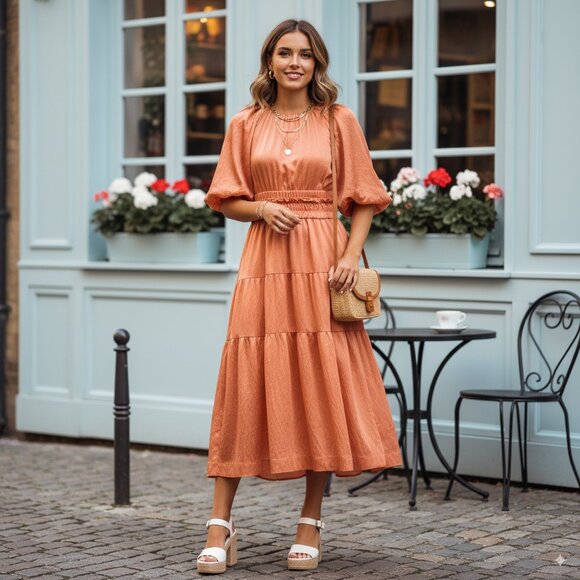 Moon river Puff Sleeve Shirred Cutout Tiered Midi Dress - Picture 1 of 7